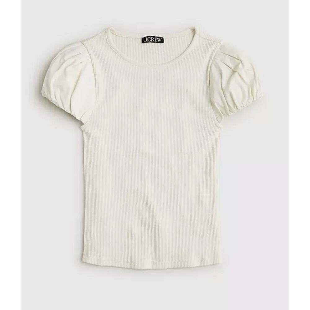 j. Crew Women's Short Puff Sleeve Ribbed Cream Cotton T-Shirt Size XXL
